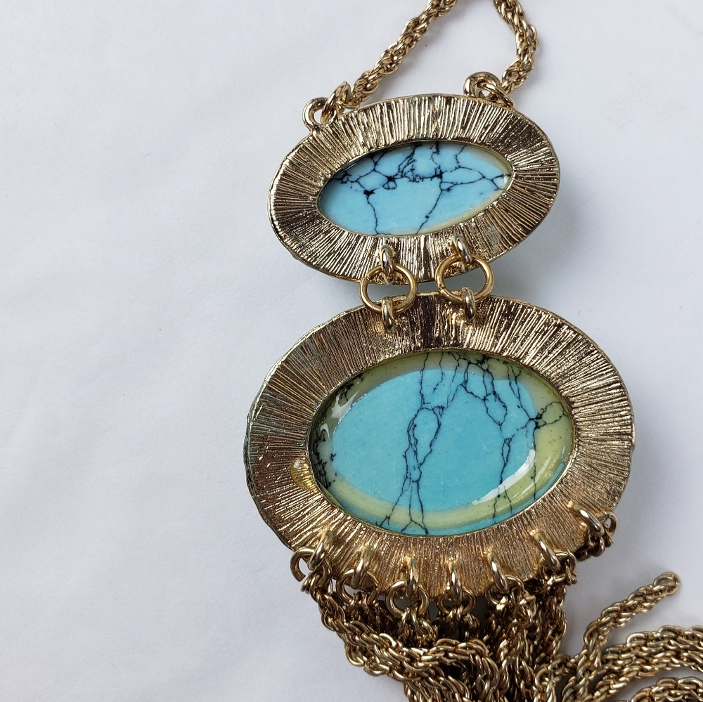 Faux Turquoise Pendant Rope Chain Fringe Long Statement Necklace Boho Vintage - Picture 8 of 9
